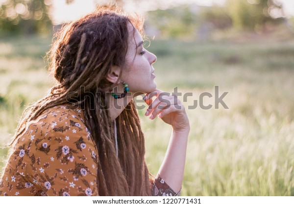 Portrait Beautiful Hippie Woman Dreadlocks Woods Nature