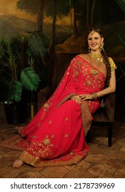 Portrait Of Beautiful Indian Female. Young Hindu Woman Model Kundan Jewelry.