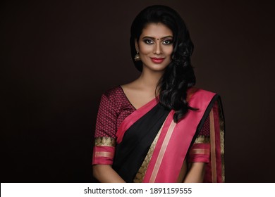 Portrait Of Beautiful Indian Woman Wearing Traditional Sari Dress