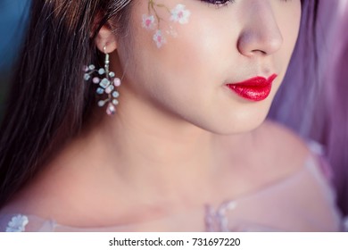 Portrait Of Beautiful Japanese Girl And Professional Makeup, Closeup, Macro. Eastern Beauty