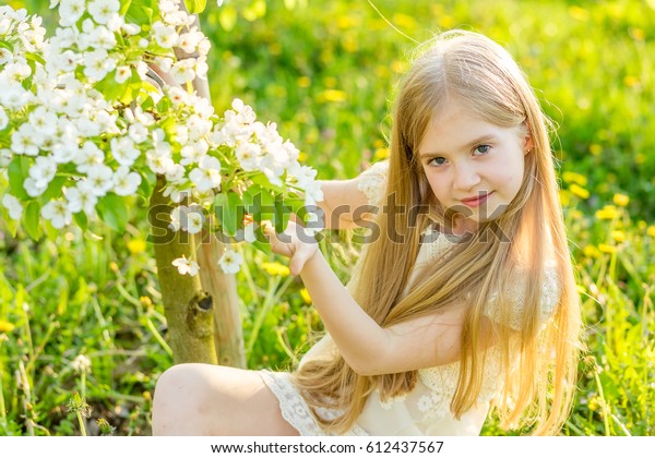 Portrait Beautiful Little Girl Flowering Garden Stock Photo 612437567 ...