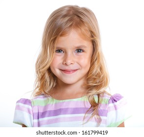 Portrait Of Beautiful Little Girl Happy Smiling On Studio. Isolated White Background