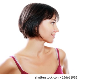 Portrait Of A Beautiful Mature Woman Profile In Her Forties In Short Brunette Bob  Smiling