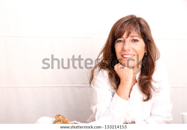 Portrait Beautiful Mature Woman Sitting Kitchen Stock Photo (Edit Now ...