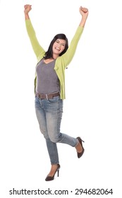 A Portrait Of Beautiful Middle Aged Asian Woman Very Excited And Happy Isolated On White Background.