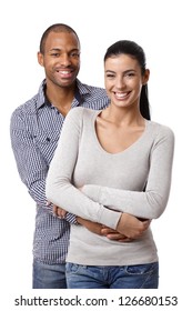 Portrait Of Beautiful Mixed Race Couple, Embracing, Smiling, Looking At Camera.