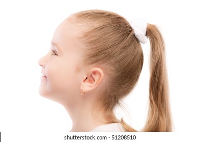 Portrait Of Beautiful Preschool Child In Profile, Isolated On White Background.