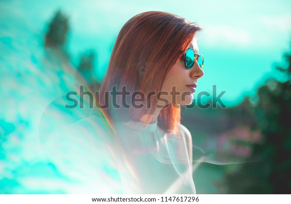 Portrait Beautiful Redhair Woman Wearing Glasses Stock Photo Edit