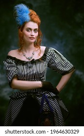 Portrait of a beautiful red-haired woman in a 19th century dress on a vintage background. Fashion history, makeup and hairstyle. 
