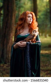 Portrait of beautiful redhead girl in green dress with owl on her hand