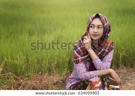Portrait of beautiful rural woman wear Thai dress. Beautiful Thai woman,Thailand culture, Thai beautiful farmer.