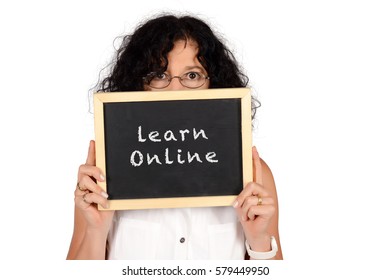 Portrait Of Beautiful School Teacher Holding An Empty Chalkboard With 