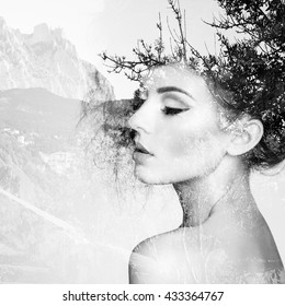 Portrait of beautiful sensual woman with elegant hairstyle.  Fashion photo. Double exposure portrait of woman combined with photograph of nature