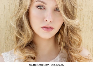 Portrait Of A Beautiful Sexy Smiling Happy Girl With Big Full Lips With Blond Hair In A White Dress On A Sunny Bright Day