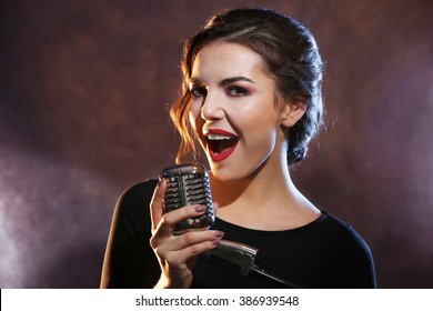 Caucasian Woman Singing Into Microphone Indoor Stock Photo 2210671745 ...