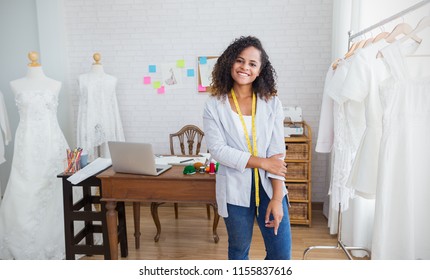 Portrait Beautiful Smile African American Black Sme Designer Woman Work Computer Tailer Fabric Fashion Small Business Workshop. Owner Entrepreneur Creative Girl Textile Garment Business Sme Concept