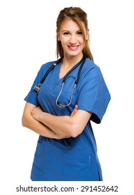 Portrait Of A Beautiful Smiling Nurse. Isolated On White