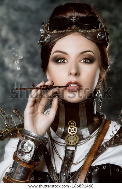 Portrait Beautiful Steampunk Woman Over Grunge Stock Photo 166891460 ...