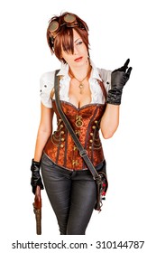 Portrait Of A Beautiful Steampunk Woman Wearing Vintage Corset And Retro Goggles