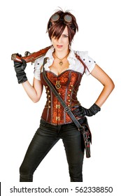 Portrait Of A Beautiful Steampunk Woman Wearing Vintage Corset And Retro Goggles