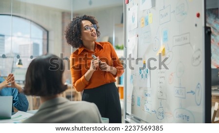 Portrait of a Beautiful Successful Businesswoman Making a Team Presentation in a Meeting Room in Creative Office. Innovative Black Female Discussing a New Project Plan on Whiteboard