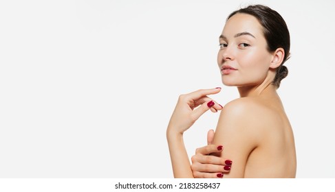 Portrait Of Beautiful Tender Woman With Smooth Clear Skin Isolated On White Studio Background. Concept Of Natural Beauty, Skincare, Cosmetology, Plastic Surgery, Wellness, Cosmetics, Health, Ad. Flyer