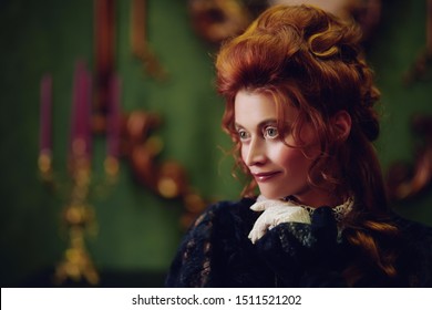 Portrait Of A Beautiful Victorian Woman. The History Of Hairstyles And Makeup. Victorian, Baroque Era Style.