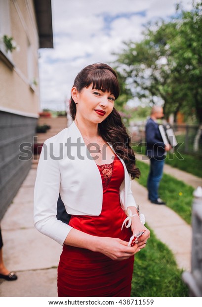 Portrait Beautiful Wedding Guestbridesmaid Red Dress Stock Photo