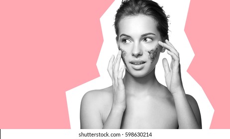 Portrait of a beautiful woman with a coffee scrub on her face doing peeling skin isolated on white background