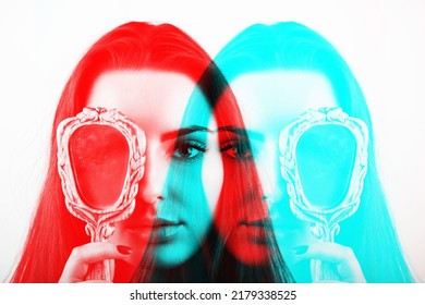Portrait of beautiful woman covers her eye with old vintage dirty mirror ir RGB color split effect. Red and blue color reflection looks like mask on model face. Abstract and futuristic looking style