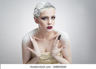 Portrait Beautiful Woman With Creative Makeup. Spa. Skin Care And Hair Care. Hair Mask Of Clay