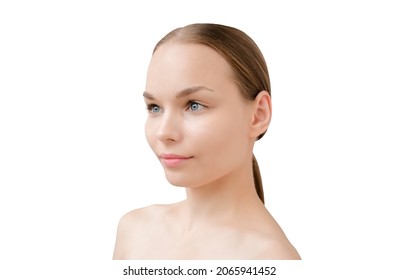 Portrait Of A Beautiful Woman With Her Hair Pulled Back In A Ponytail. Beauty Skin Care Concept. Beauty Model Isolated On White Background.