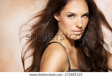 Portrait Beautiful Woman Long Brunette Fashion Stockfoto
