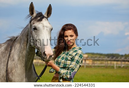 portrait beautiful woman long hair next horse 