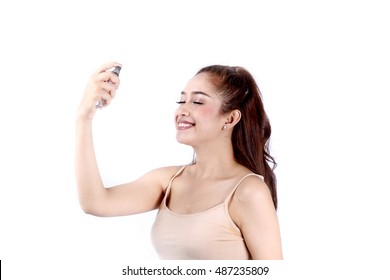 Portrait beautiful woman with mineral water spray.