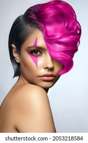 Portrait beautiful woman and multi  colored hair   creative make up   hairstyle 