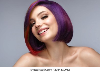 Portrait beautiful woman and multi  colored hair   creative make up   hairstyle 