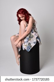 Portrait Of A Beautiful Woman With Red Hair Wearing  A  Flowing Floral Gown.  Full Length Standing Pose, Isolated Against A Studio Background