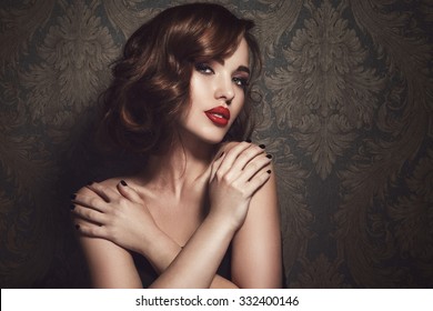 Portrait Of Beautiful Woman With Red Lips