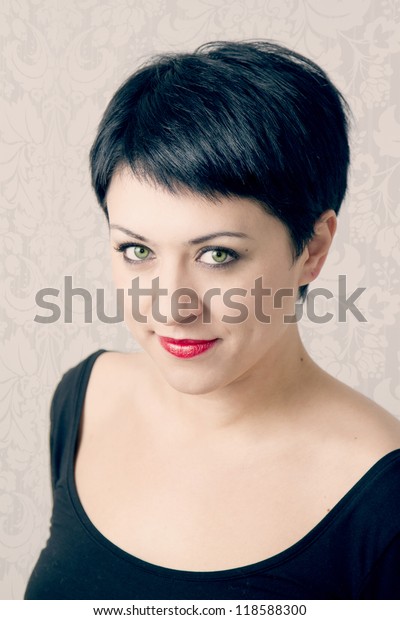 Portrait Beautiful Woman Short Hair Green Stock Photo Edit Now