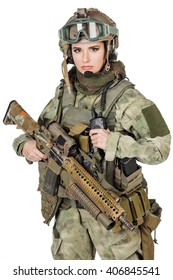 Portrait Beautiful Woman Soldier Or Private Military Contractor With Rifle. War, Army, Weapon, Technology And People Concept. Image On A White Background.