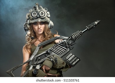 Portrait of a beautiful woman warrior with a weapon