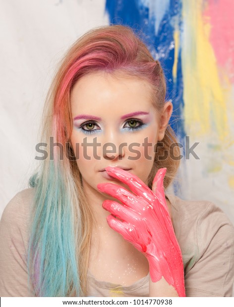 Portrait Beautiful Woman Wearing Colorful Hair Stock Photo Edit