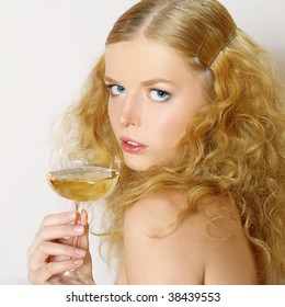 Portrait of beautiful  women with glass wine, close up
