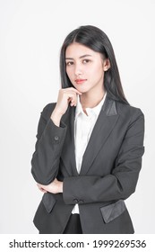 Portrait Beautiful Working Asian Business Woman , Business Girl Standing On White Background