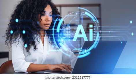 Portrait of beautiful young African American businesswoman using laptop in blurry office with double exposure of futuristic AI artificial intelligence interface. Concept of machine learning - Powered by Shutterstock