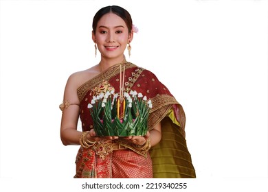 Portrait Beautiful Young Asia Woman With Traditional Thai Costume Hold Banana Leaf Cockerel Or Kra Thong In Thai , Loy Krathong Festival On November