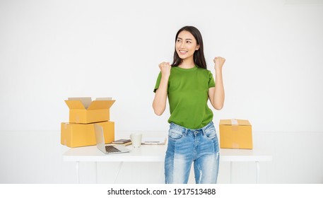 Portrait Beautiful Young Asian SME Business Woman Smiling Positive, Asia Lifestyle, Confident Owner Casual Girl, Startup Small Sme Online Business Job. Success Freelance Woman Work At Home Office Desk