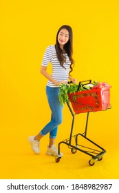 Portrait Beautiful Young Asian Woman Shopping Grocery From Supermarket And Cart On Yellow Isolated Background