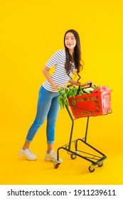 Portrait Beautiful Young Asian Woman Shopping Grocery From Supermarket And Cart On Yellow Isolated Background